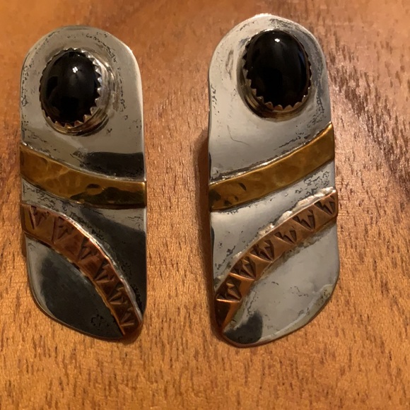 Lazaro G Sterling black onyx brass designer ears - Picture 3 of 4